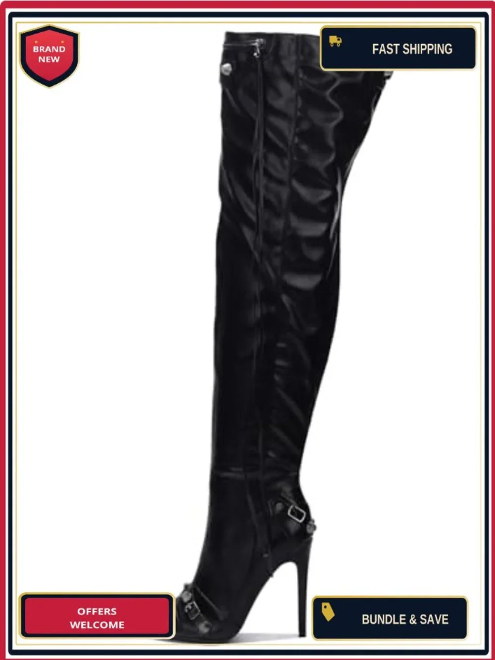 Metallic PU Leather Thigh High Boots, Pointy Toe, 3.5